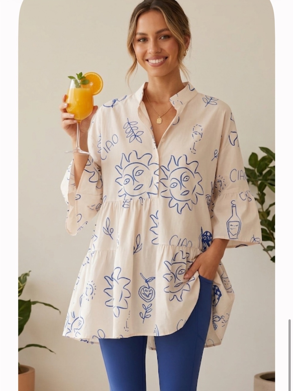 C/MEO Collective Cream Tunic with Blue Graphic Print ptp 22 length 32